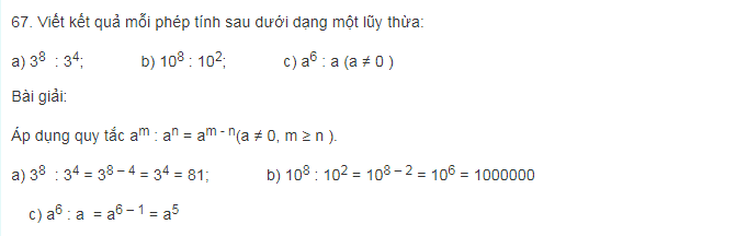 Thực hành làm các bài toán phần chia lũy thừa cùng cơ số lớp 6