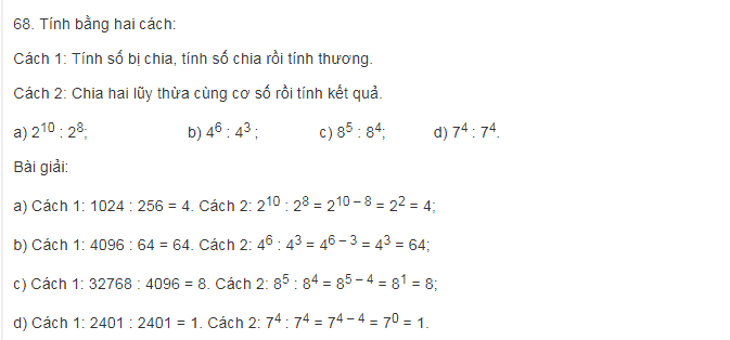 Thực hành làm các bài toán phần chia lũy thừa cùng cơ số lớp 6