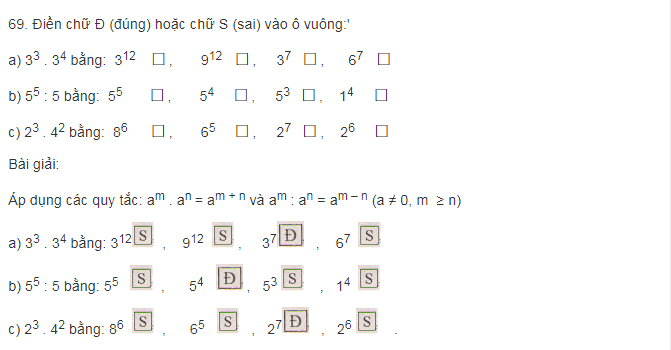 Thực hành làm các bài toán phần chia lũy thừa cùng cơ số lớp 6