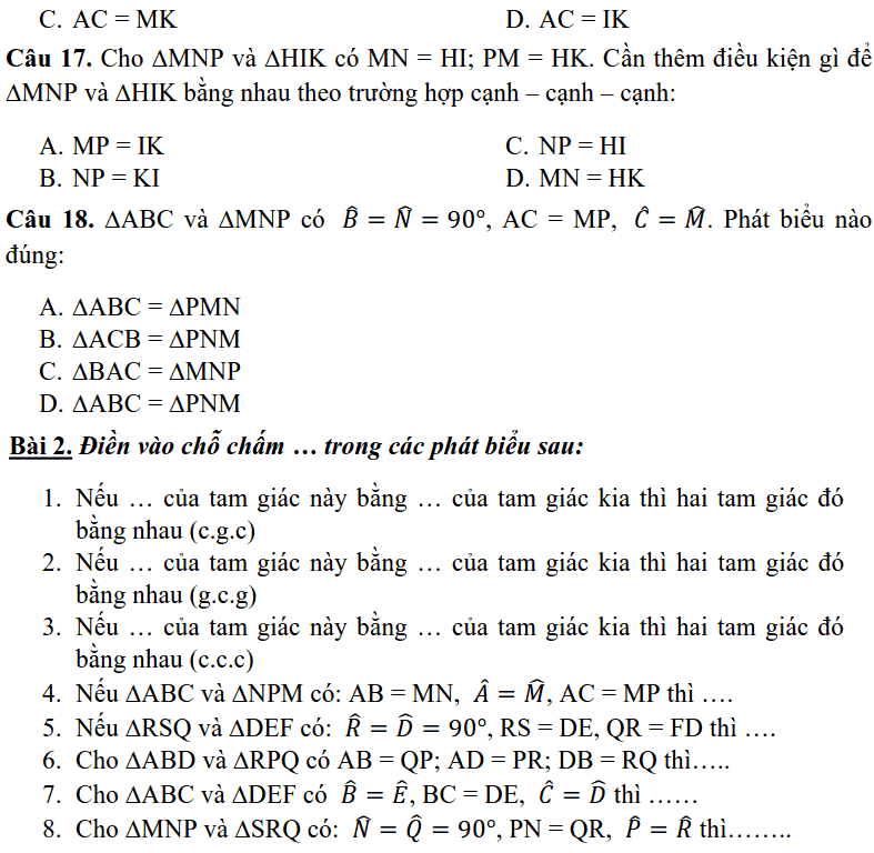 Đề cương ôn tập học kì 1 môn Toán 7 THCS Nguyễn Phong Sắc 2018-2019