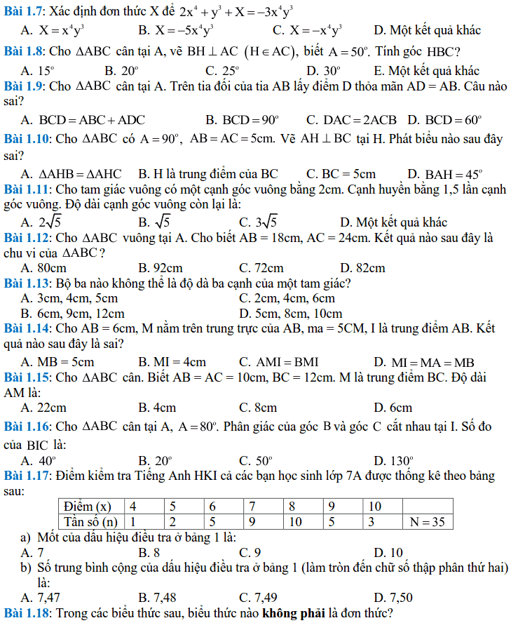 Đề cương ôn tập HK2 môn Toán 7 THCS Vinschool 2017-2018