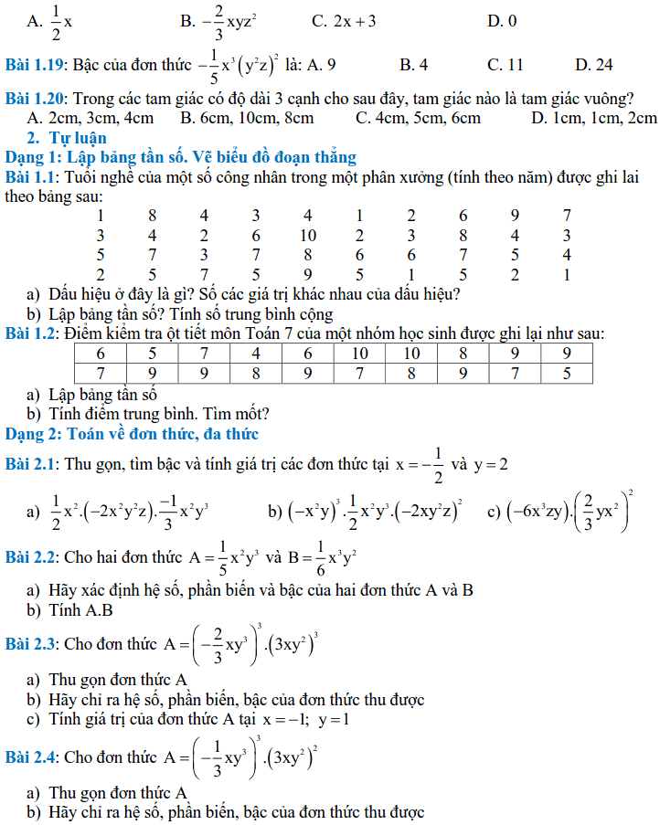 Đề cương ôn tập HK2 môn Toán 7 THCS Vinschool 2017-2018