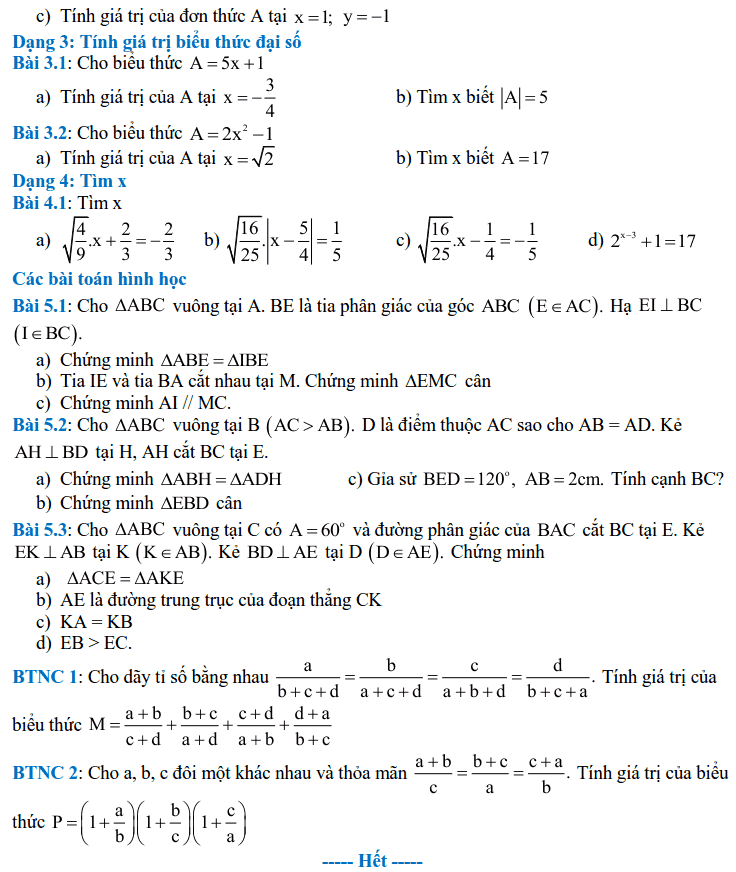 Đề cương ôn tập HK2 môn Toán 7 THCS Vinschool 2017-2018