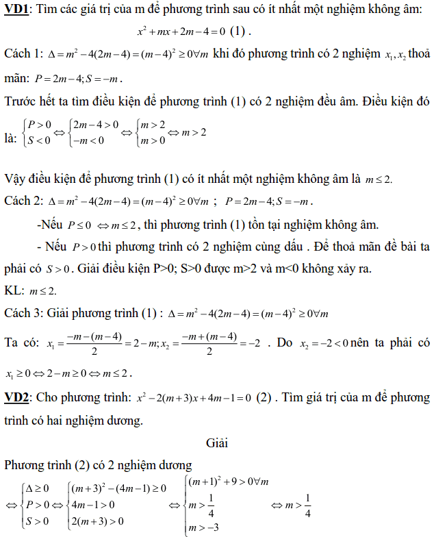 Điều kiện về nghiệm của phương trình bậc hai