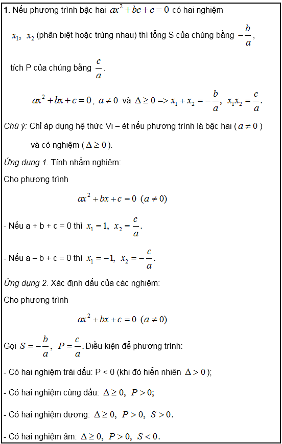 Hệ thức Vi – ét và ứng dụng – Bồi dưỡng Đại số 9