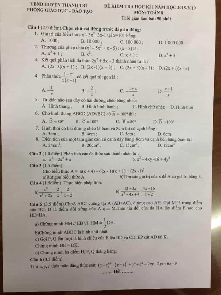 Đề kiểm tra học kì 1 môn Toán 8 huyện Thanh Trì 2018-2019 có đáp án