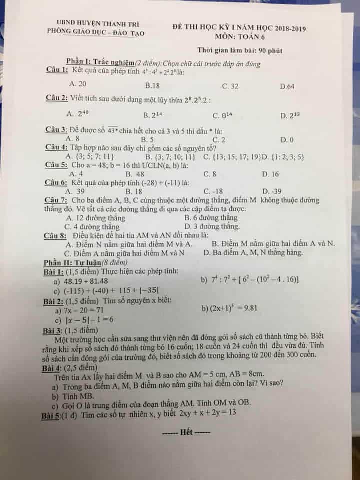 Đề kiểm tra học kì 1 môn Toán 6 huyện Thanh Trì 2018-2019 có đáp án