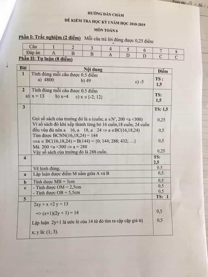 Đề kiểm tra học kì 1 môn Toán 6 huyện Thanh Trì 2018-2019 có đáp án