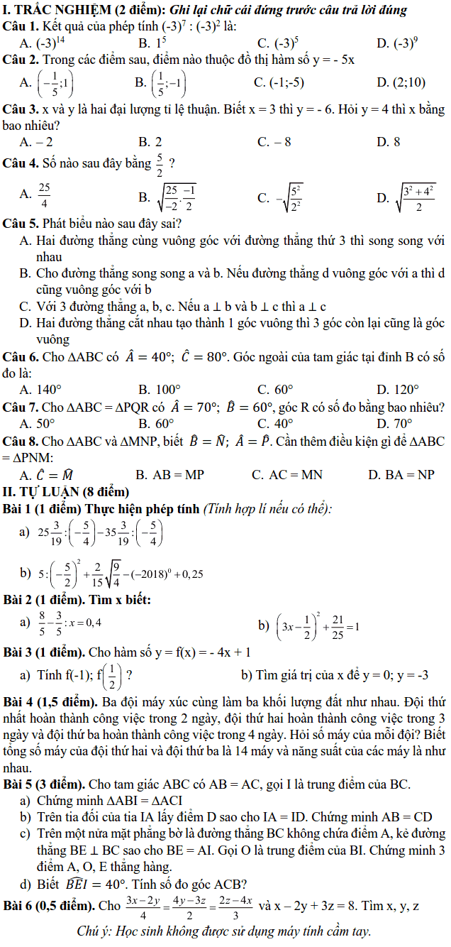 Đề kiểm tra học kì 1 môn Toán 7 THCS Dịch Vọng 2018-2019 có đáp án