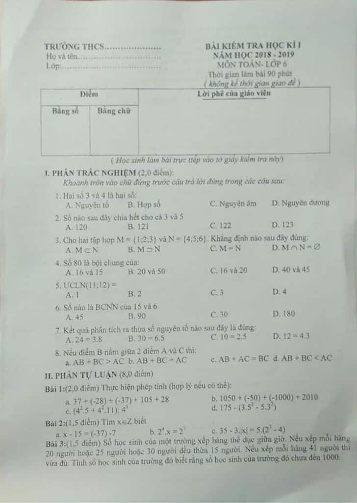 Đề kiểm tra học kì 1 môn Toán 6 huyện Hoài Đức 2018-2019