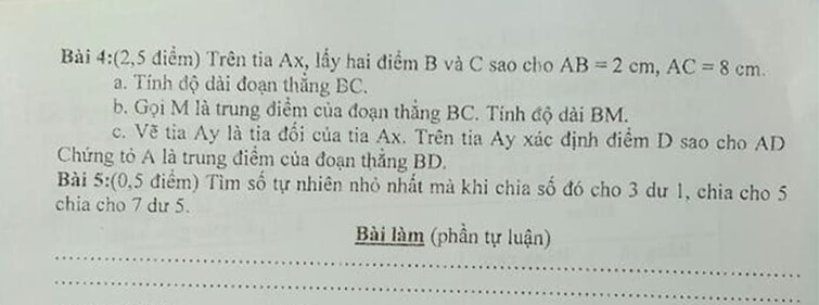 Đề kiểm tra học kì 1 môn Toán 6 huyện Hoài Đức 2018-2019