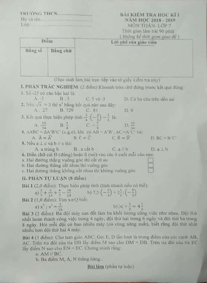 Đề kiểm tra học kì 1 môn Toán 7 huyện Hoài Đức 2018-2019