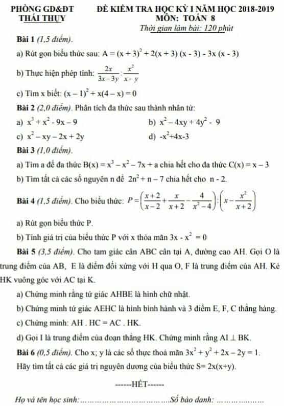 Đề kiểm tra học kì 1 môn Toán 8 huyện Thái Thụy 2018-2019 có đáp án