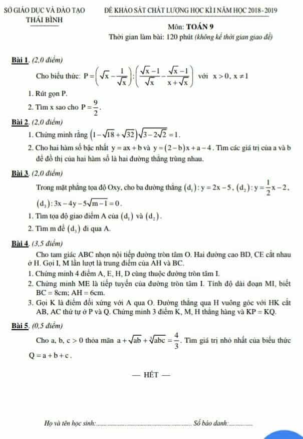 Đề Kiểm Tra Học Kì 1 Môn Toán 9 Tỉnh Thái Bình 2018 2019 Có đáp án