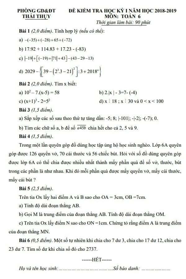 Đề kiểm tra học kì 1 môn Toán 6 huyện Thái Thụy 2018-2019 có đáp án