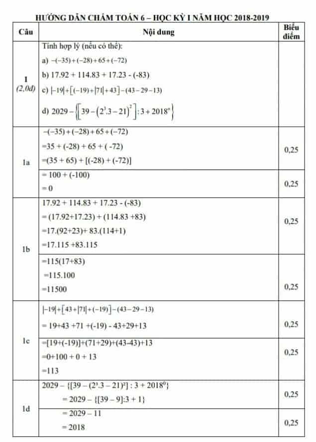 Đề kiểm tra học kì 1 môn Toán 6 huyện Thái Thụy 2018-2019 có đáp án