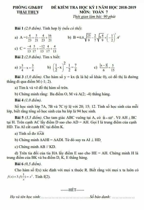 Đề kiểm tra học kì 1 môn Toán 7 huyện Thái Thụy 2018-2019 có đáp án