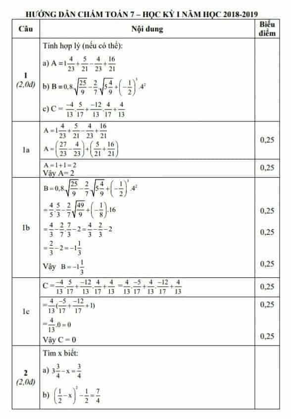 Đề kiểm tra học kì 1 môn Toán 7 huyện Thái Thụy 2018-2019 có đáp án