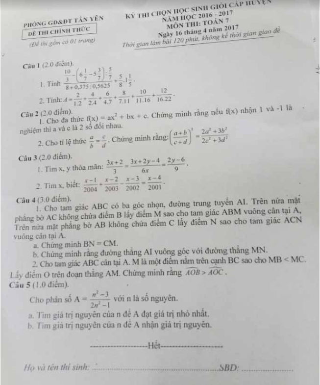 Đề thi HSG Toán 7 huyện Tân Yên, Bắc Giang 2016 – 2017