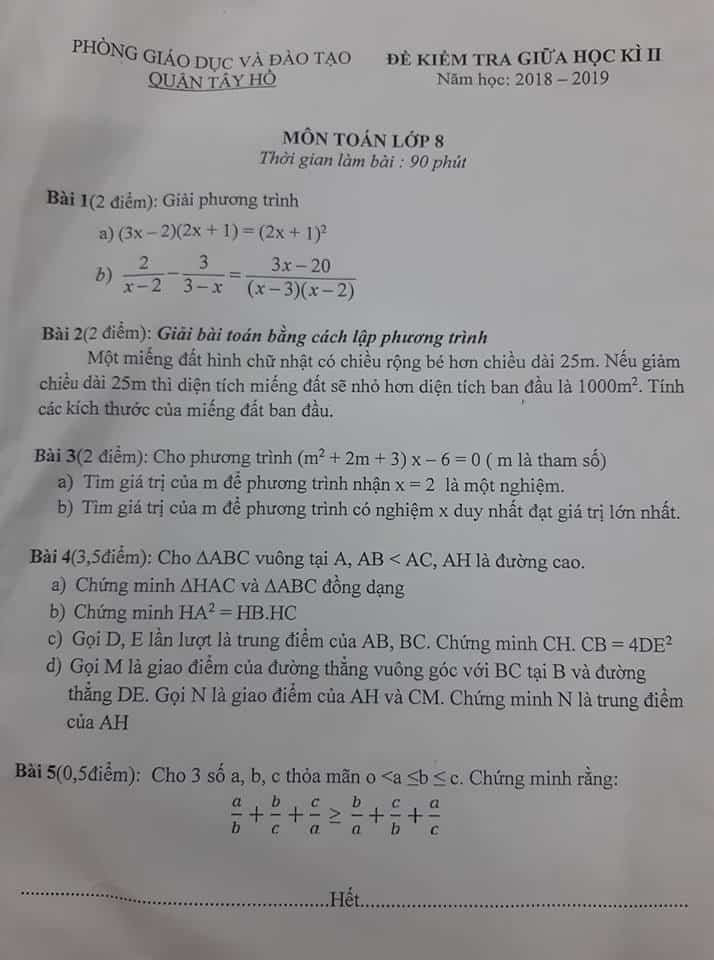 Đề kiểm tra giữa HK2 môn Toán 8 quận Tây Hồ 2018-2019