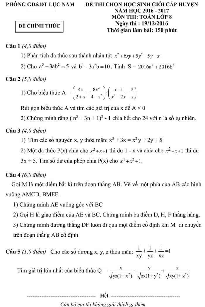 Đề thi HSG môn Toán 8 huyện Lục Nam 2016-2017 có đáp án