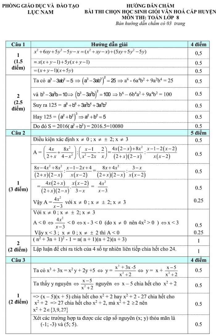 Đề thi HSG môn Toán 8 huyện Lục Nam 2016-2017 có đáp án