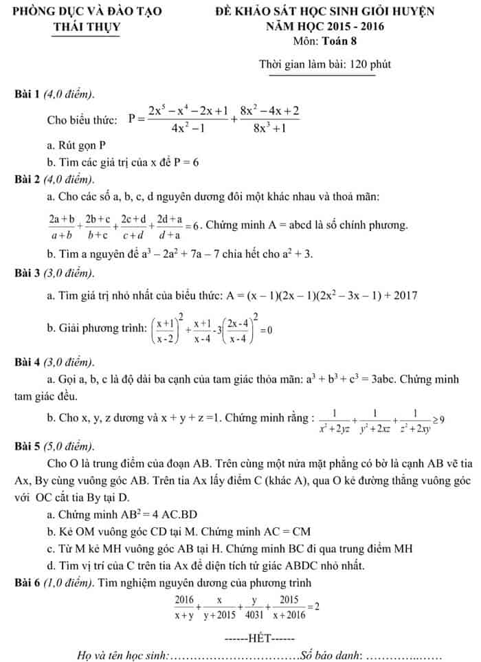 Đề thi HSG môn Toán 8 huyện Thái Thụy 2015-2016 có đáp án