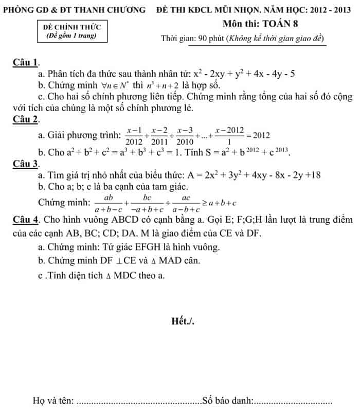 Đề thi HSG môn Toán 8 huyện Thanh Chương 2012-2013 có đáp án