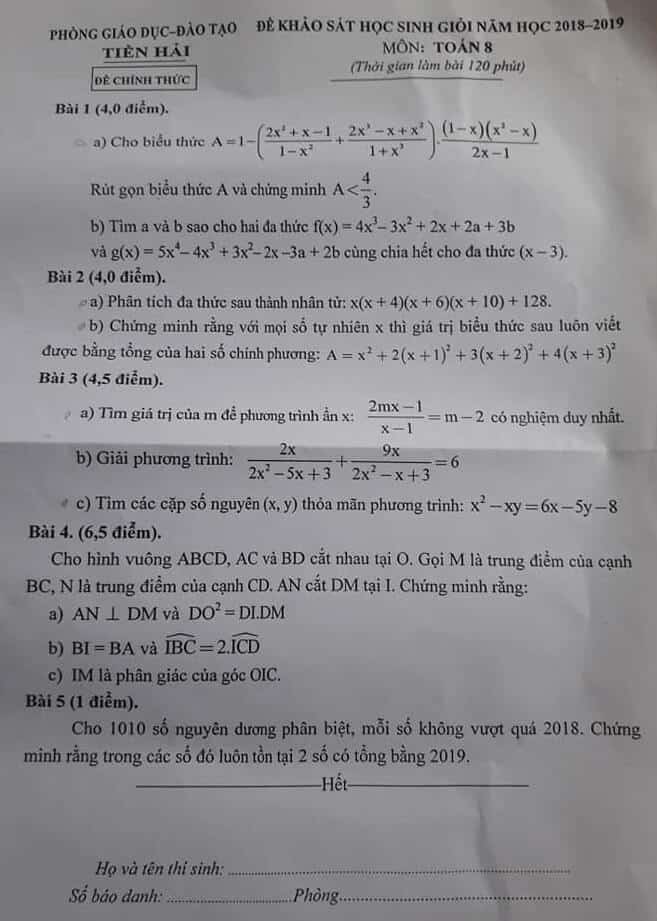 Đề thi HSG môn Toán 8 huyện Tiền Hải năm 2018-2019