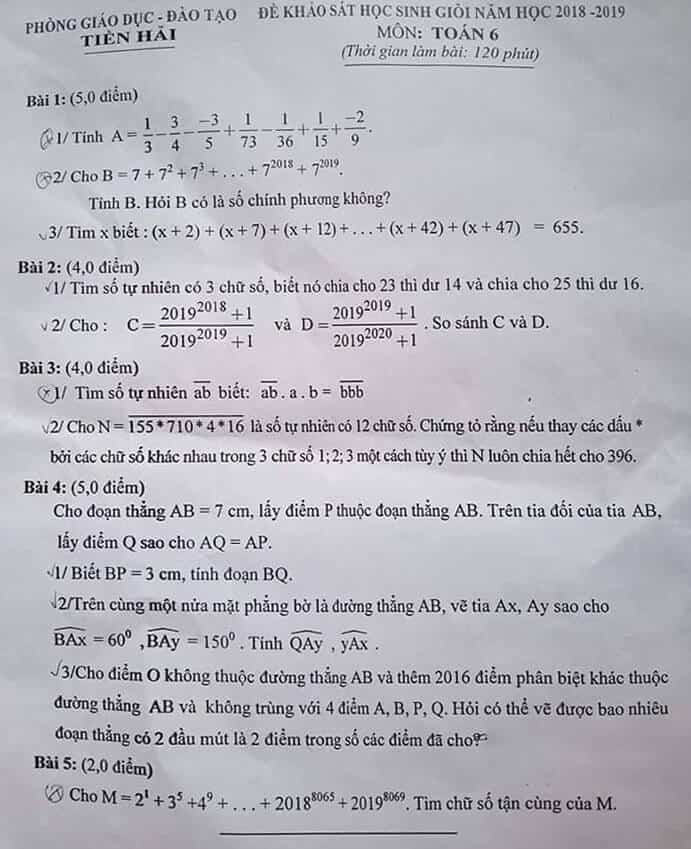 Đề thi HSG môn Toán 6 huyện Tiền Hải năm 2018-2019