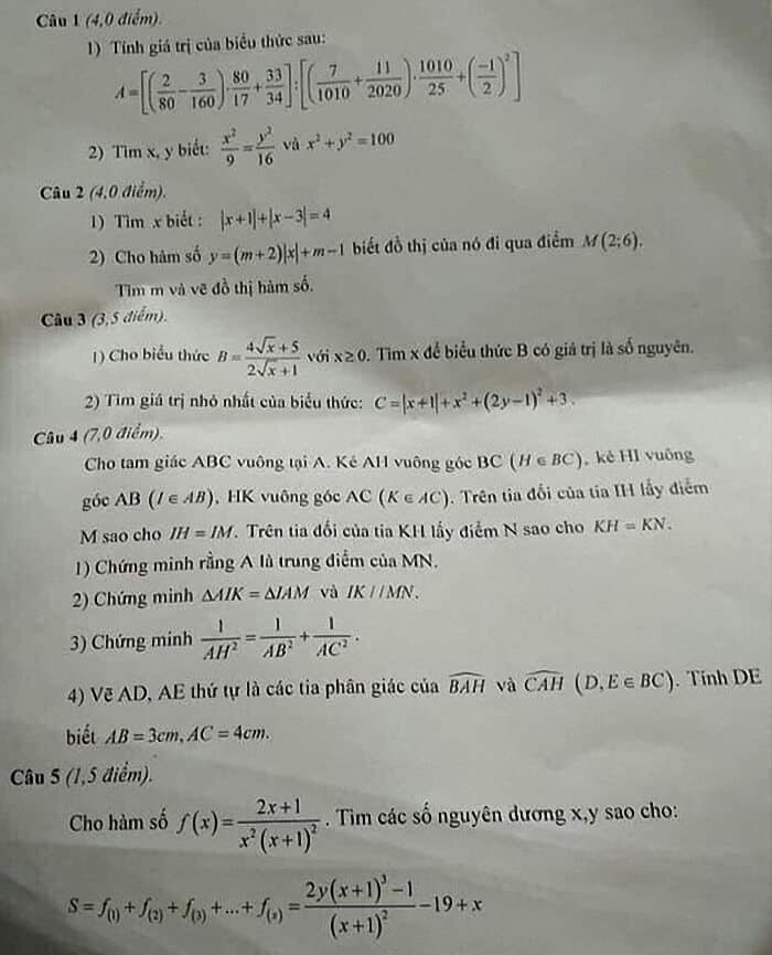 Đề thi HSG môn Toán 7 huyện Đông Hưng năm 2018-2019