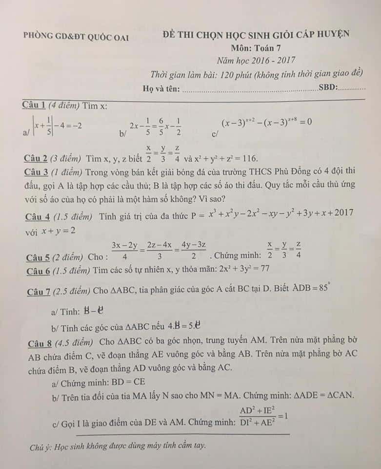 Đề thi HSG môn Toán 7 huyện Quốc Oai năm 2016-2017