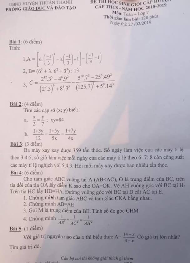 Đề thi chọn HSG môn Toán 7 cấp huyện Thuận Thành 2018-2019