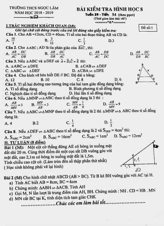 Đề kiểm tra Hình học 8 tuần 29 tiết 54 THCS Ngọc Lâm 2018-2019