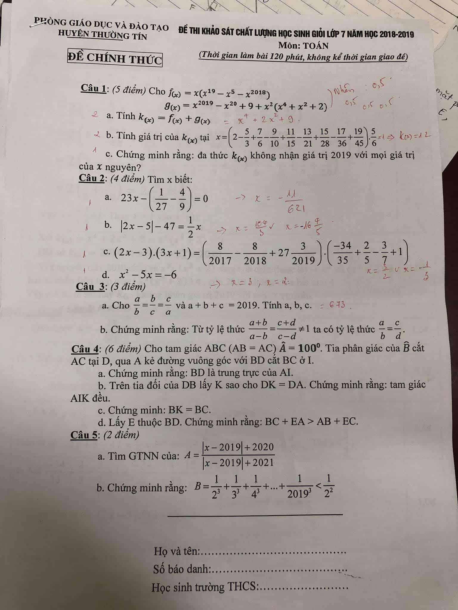 Đề thi HSG môn Toán 7 huyện Thường Tín năm 2018-2019 có đáp án