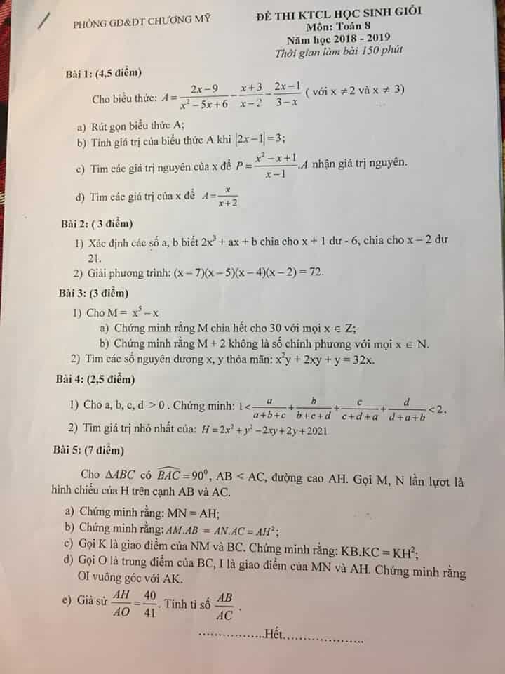 Đề thi HSG môn Toán 8 huyện Chương Mỹ năm 2018-2019 có đáp án