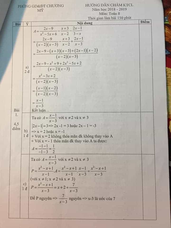 Đề thi HSG môn Toán 8 huyện Chương Mỹ năm 2018-2019 có đáp án