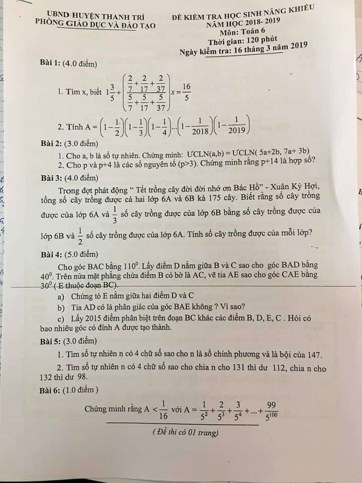 Đề thi HSG môn Toán 6 huyện Thanh Trì năm 2018-2019 có đáp án