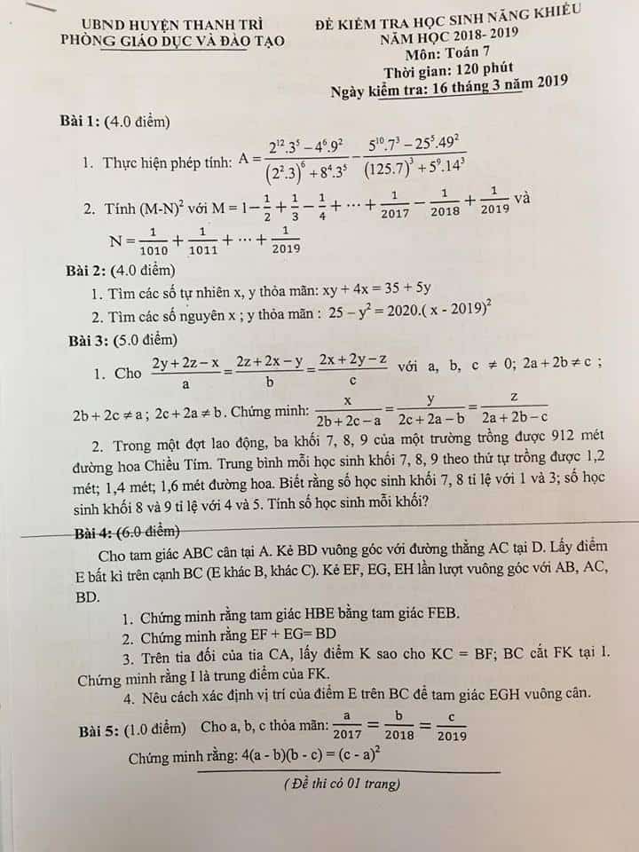 Đề thi HSG môn Toán 7 huyện Thanh Trì năm 2018-2019 có đáp án