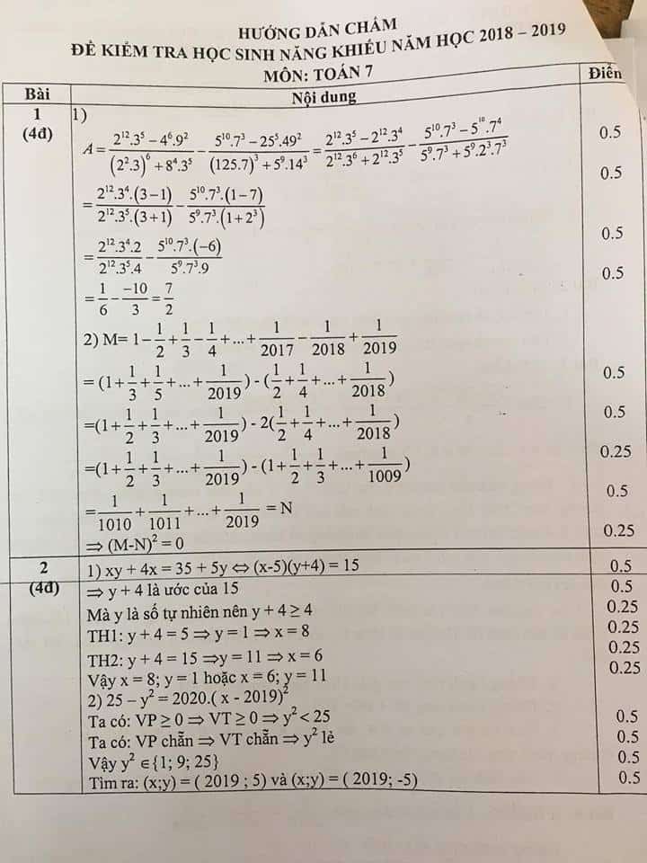 Đề thi HSG môn Toán 7 huyện Thanh Trì năm 2018-2019 có đáp án