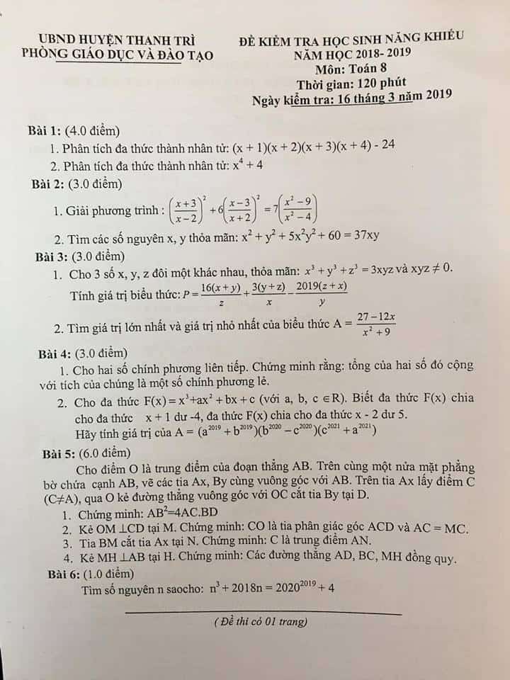 Đề thi HSG môn Toán 8 huyện Thanh Trì năm 2018-2019 có đáp án