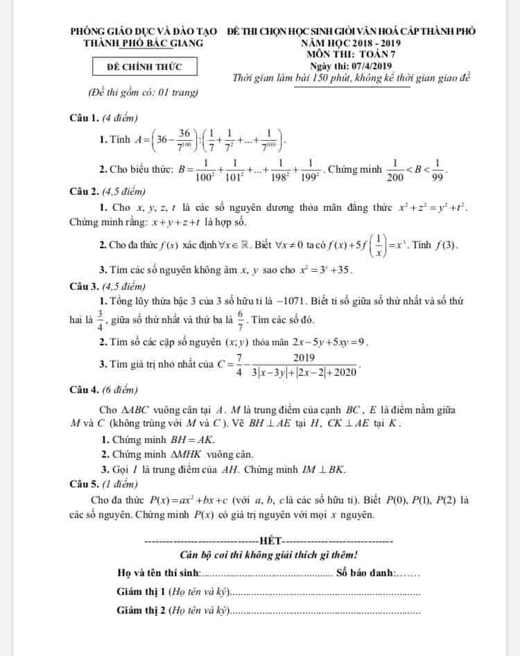 Đề thi chọn HSG Toán 7 tỉnh Bắc Giang 2018-2019