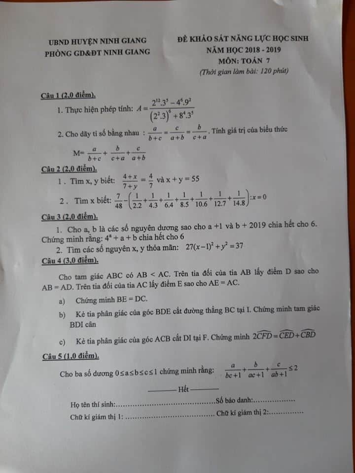 Đề khảo sát Toán 7 huyện Ninh Giang 2018-2019