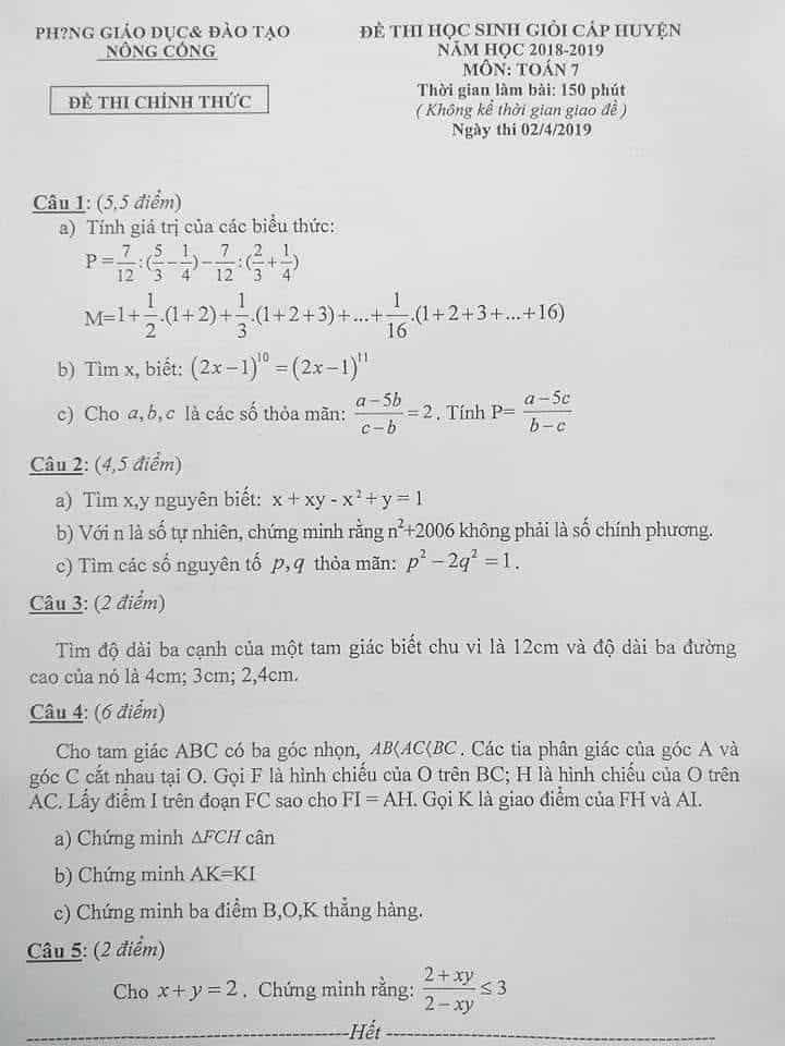 Đề thi HSG Toán 7 huyện Nông Cống 2018-2019