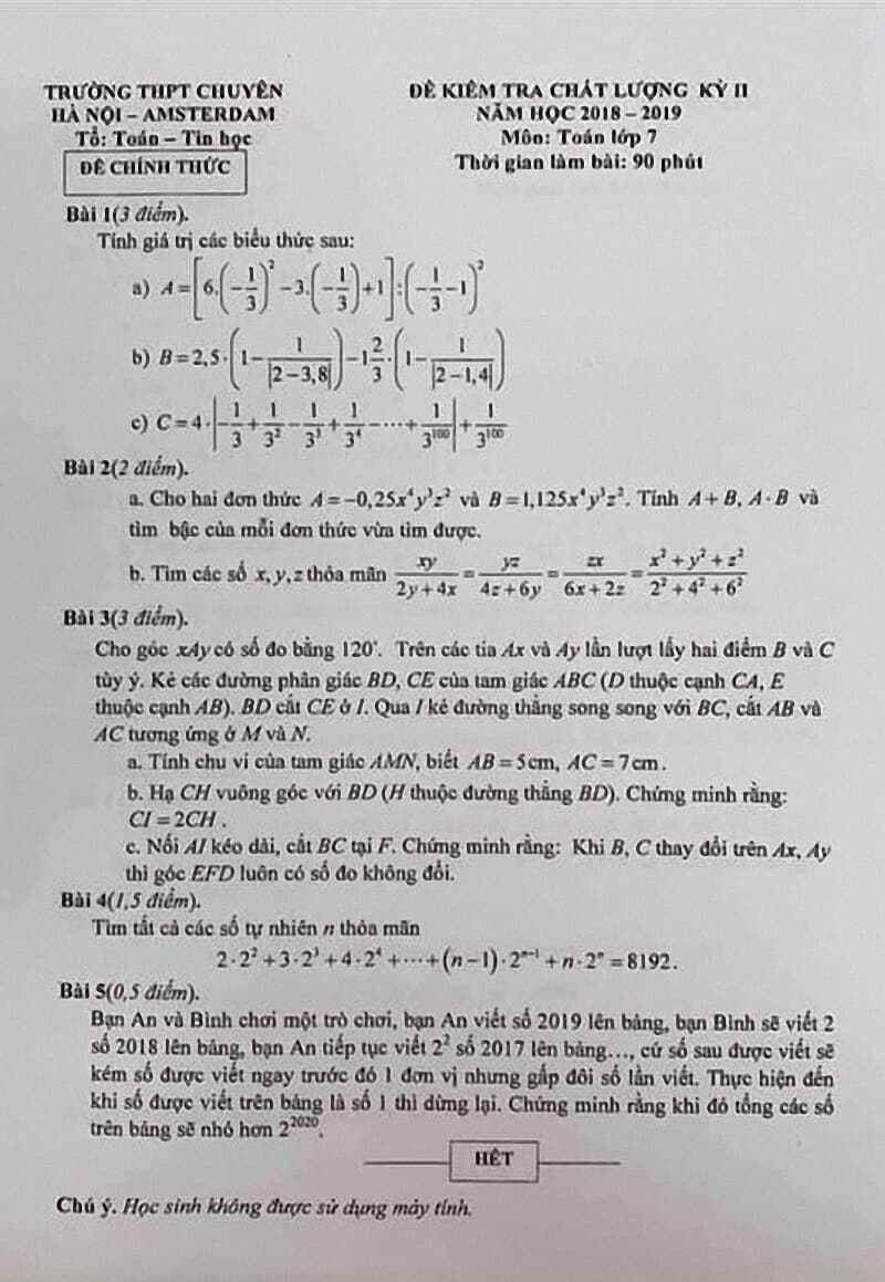 Đề thi học kì 2 môn Toán 7 THPT chuyên Hà Nội-Amsterdam 2018-2019