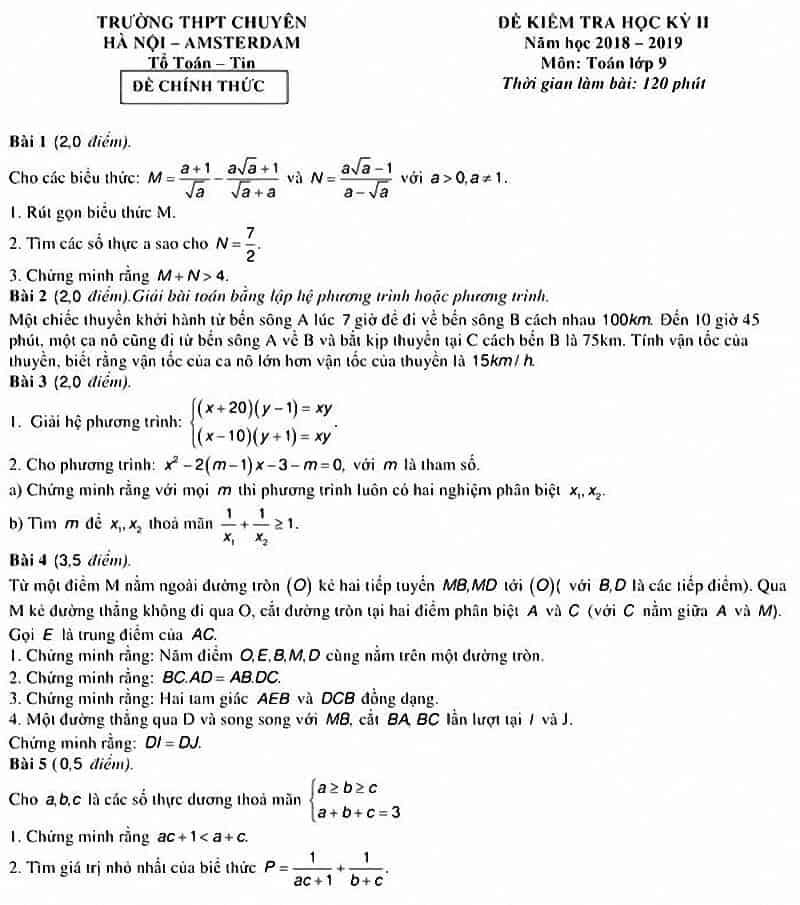 Đề thi học kì 2 môn Toán 9 THPT chuyên Hà Nội-Amsterdam 2018-2019