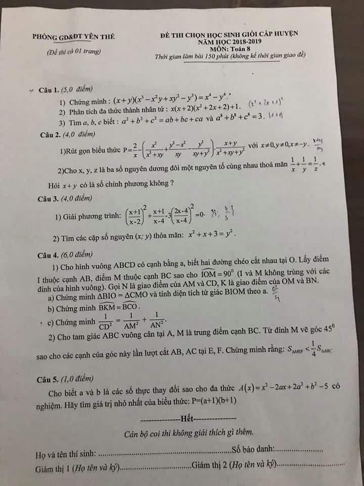 Đề thi HSG Toán 8 huyện Yên Thế 2018-2019