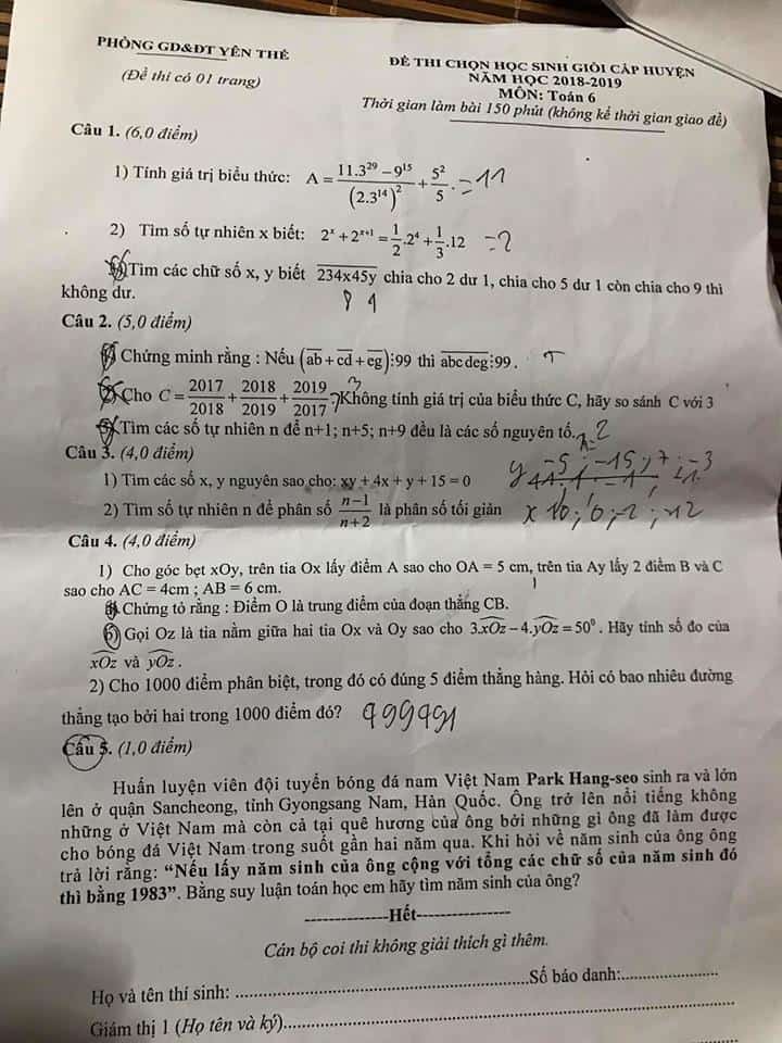 Đề thi HSG Toán 6 huyện Yên Thế 2018-2019