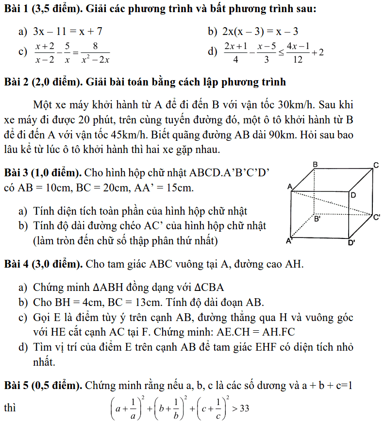 Đề thi HK2 môn Toán 8 quận Ba Đình năm 2018-2019