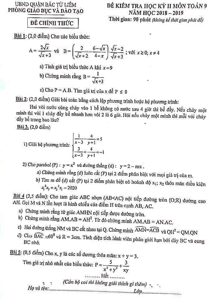 Đề thi HK2 môn Toán 9 quận Bắc Từ Liêm 2018-2019